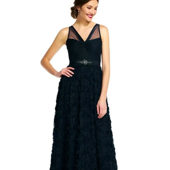 Adrianna-Papell rosette mesh Jewels illusion Neckline long gown - Picture 3 of 13